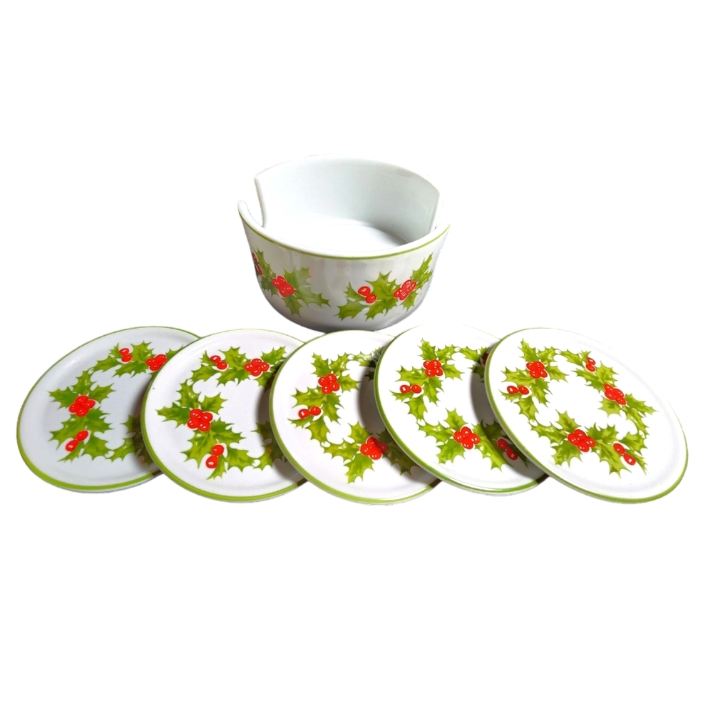 Schmidt Brazil Vintage Porcelain Christmas Holly & Berries 5 Coaster Set